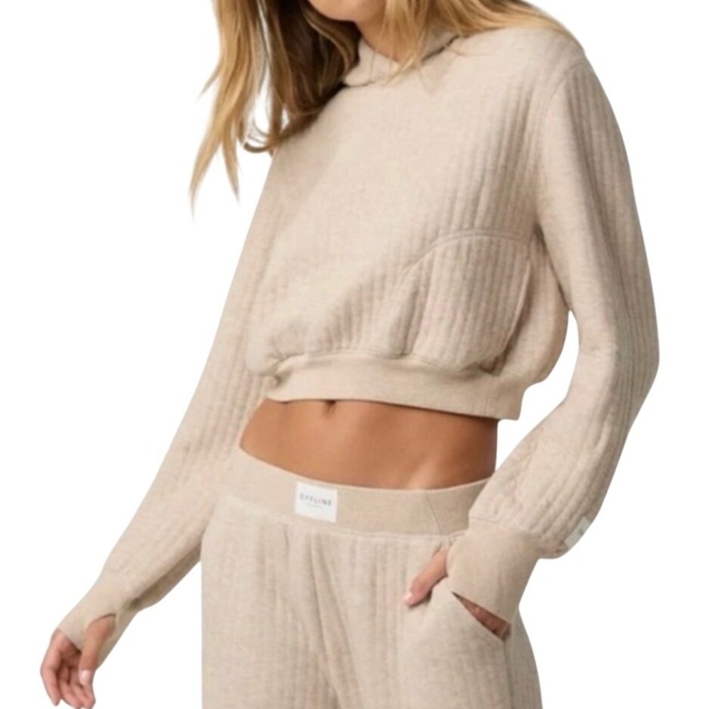 Offline by Aerie Coffee Run Cropped Hoodie, Light Tan, XS, Athleisure, Cozycore